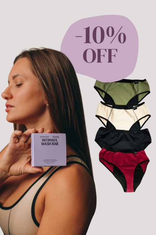 Trina low-waist period underwear pictured next to a Silmachy solid intimate hygiene soap bar on a natural background.