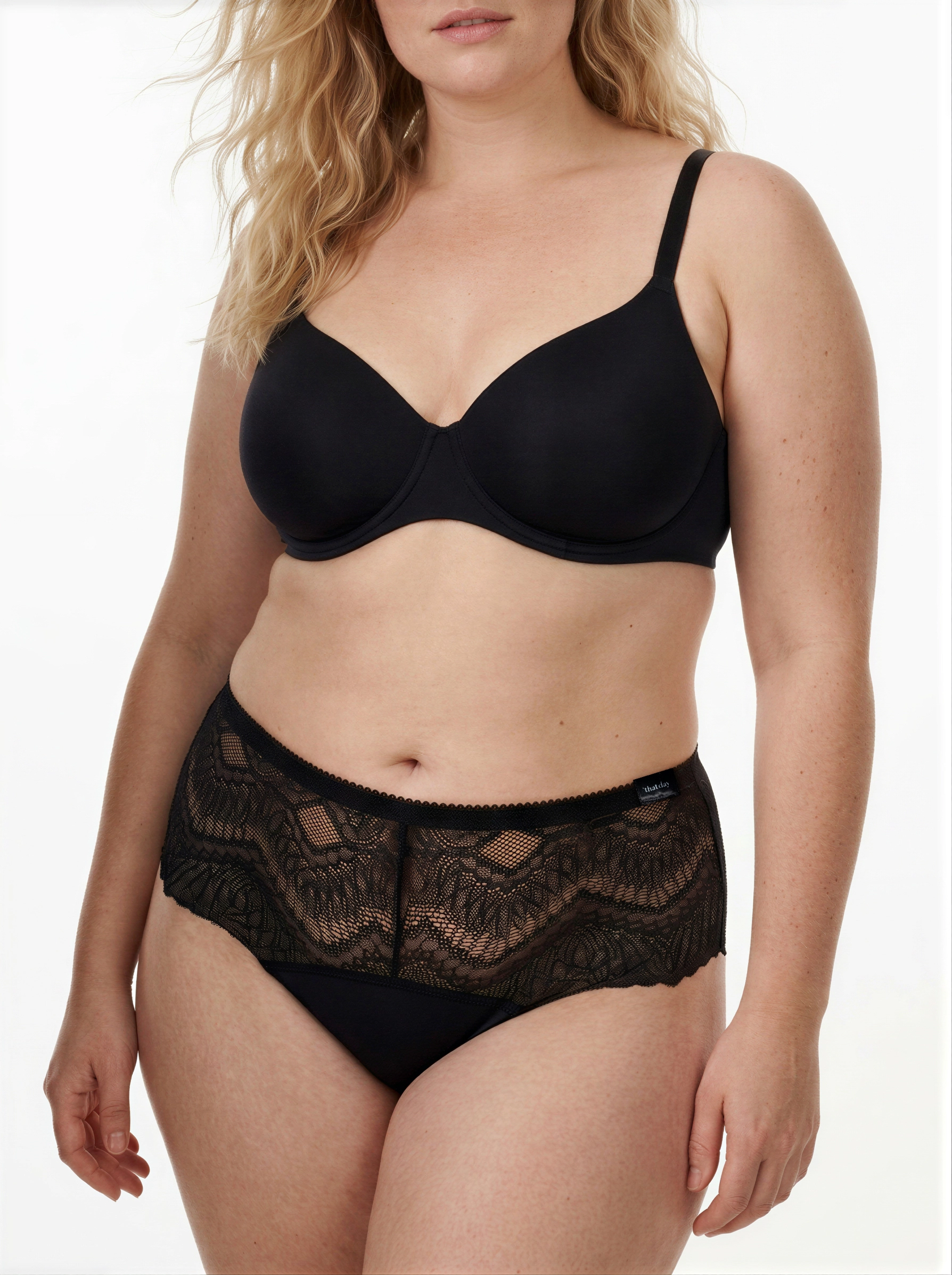 Model wearing black limited edition ALMA lace mid-rise period-proof lingerie