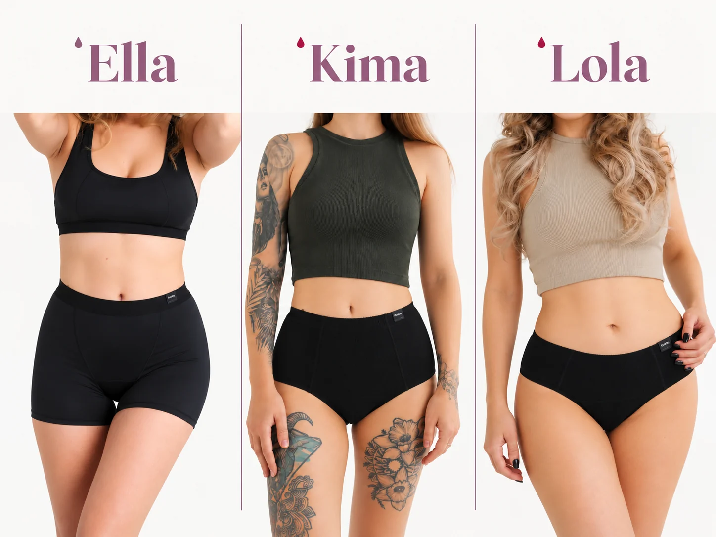 THATDAY heavy flow period underwear compared, Ella boxers, Kima high-rise briefs and Lola mid-rise briefs
